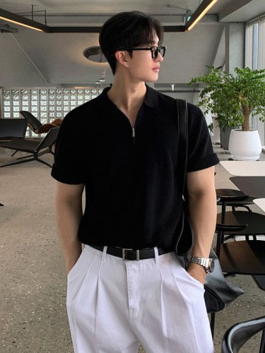 Simple casual knitted short-sleeved T-shirt for men in summer thin loose lapel top Korean style old money style outfit