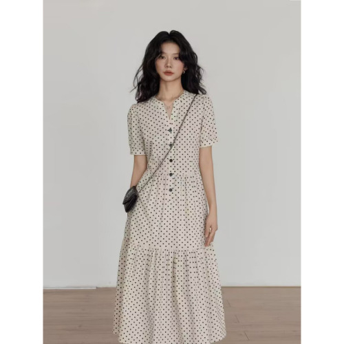 Summer v-neck polka-dot short-sleeved dress for women, slim, casual and loose long skirt