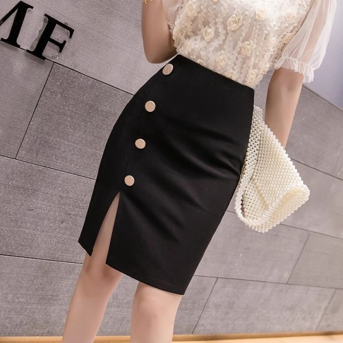 Hip-covering skirt summer  new women's high-waisted A-line skirt with slit spring and autumn black hip-covering skirt