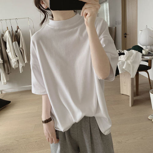 Half turtleneck T-shirt women's new spring and summer loose slimming Korean style simple half-sleeved age-reducing cotton basic top