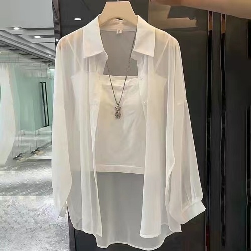 Pearlescent yarn summer new loose and versatile fashion mid-length shirt thin commuting sun protection clothing factory wholesale