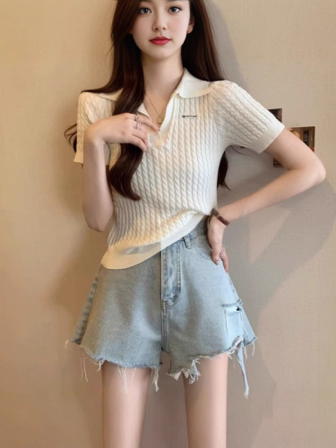Right shoulder white polo short-sleeved T-shirt for women spring and summer new style lapel knitted bottoming slim short outer top