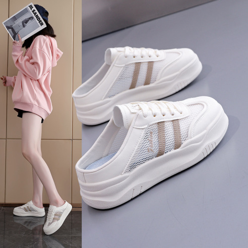 Half-slip white shoes for women, flat-soled outer wear, summer 2026 new casual mesh maternity toe slippers for women 5908-1