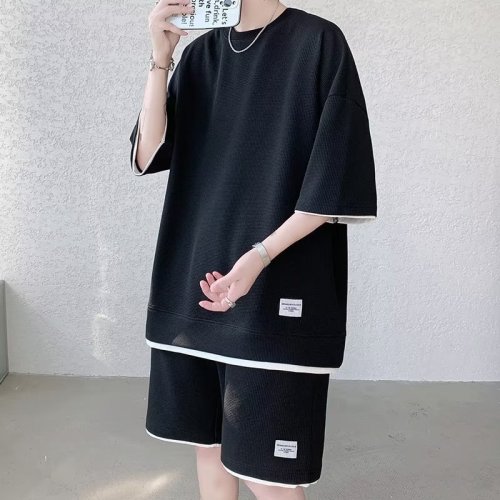 Summer quick-drying short-sleeved T-shirt casual suit men's waffle fake two-piece loose men's basketball sports suit