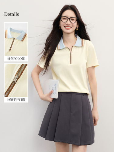 Xishijie Contrast Color Half-Zip POLO Shirt Women's Short-Sleeved Summer Versatile Casual Sports Style Lapel T-Shirt Cotton Top