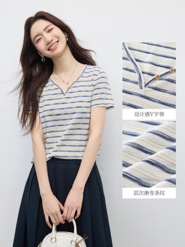 Xi World Casual Nautical Striped Short-Sleeved T-Shirt Women's Summer 2026 New Loose Lazy Design V-Neck Top