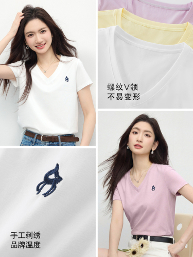 Xishijiang Xinjiang cotton V-neck right shoulder T-shirt for women 2026 summer new commuter embroidered short-sleeved T-shirt cool top