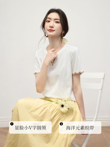 Xishijie wave playful ribbon white T-shirt short-sleeved women's summer loose lazy style shoulder top 2026 new style