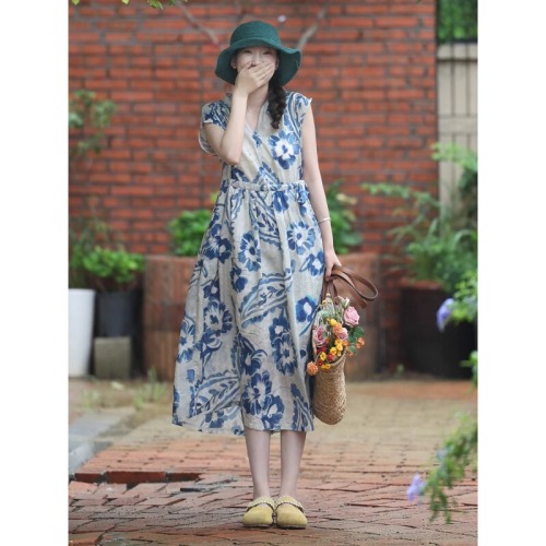 Blue dress for women 25 new summer style high-end exquisite and super good-looking slim cotton and linen skirt