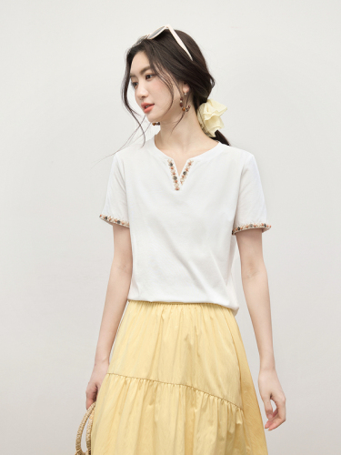 Xishijie wave playful ribbon white T-shirt short-sleeved women's summer loose lazy style shoulder top 2026 new style