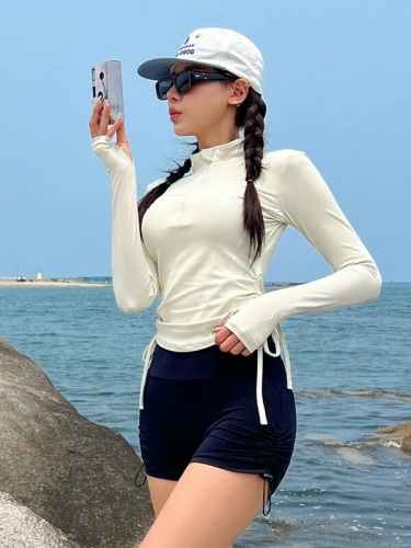 Swimsuit, sporty style, long-sleeved, sunscreen, two-piece, conservative, belly-covering, slimming, drawstring, flat-angle, hot spring vacation