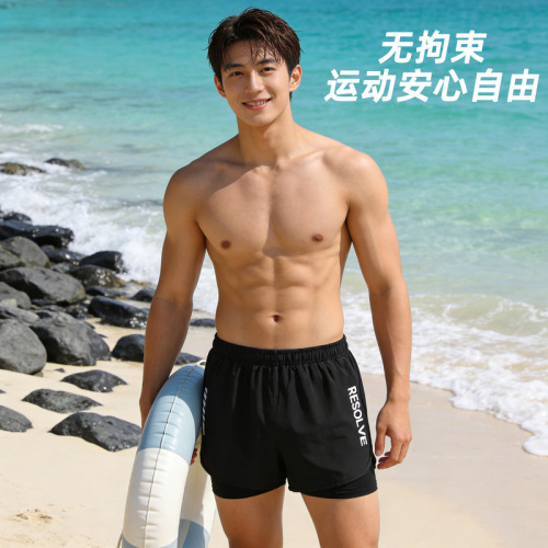 Men's large size swimming trunks, anti-exposure, breathable, quick-drying running sports pants, hot spring anti-embarrassment men's black swimming trunks