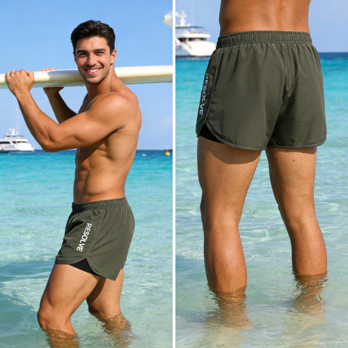 New men's swimming trunks with personalized printing, vacation style wading, quick-drying beach trunks, adjustable size, double layer to prevent embarrassment