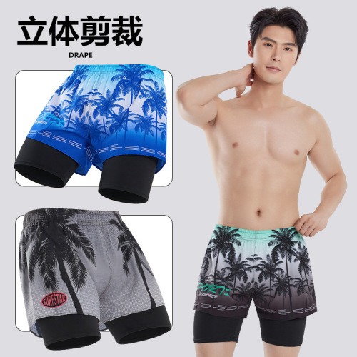 Swimming trunks for men in hot springs, anti-embarrassment loose pants, new double-layer beach trunks, swimming quick-drying shorts, adult men's style