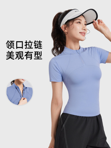 Stand collar half zipper sports short sleeve new casual slim yoga top outdoor running fitness wear t-shirt dropshipping
