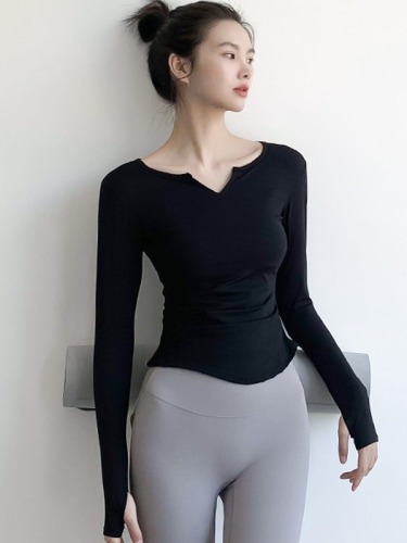 Yoga tops, women's tights, running quick-drying clothes, long-sleeved autumn and winter v-neck sports T-shirts, slimming Internet celebrity fitness clothes