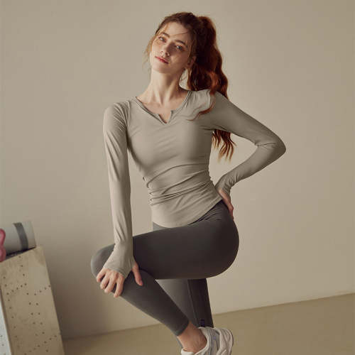 Women's spring and autumn sports long-sleeved T-shirt with chest pad yoga wear professional Pilates training fitness running V-neck top