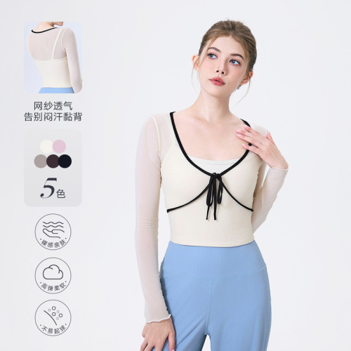 Fake two-piece contrasting bow mesh sports T-shirt women's long-sleeved yoga wear top with chest pad slimming fitness wear