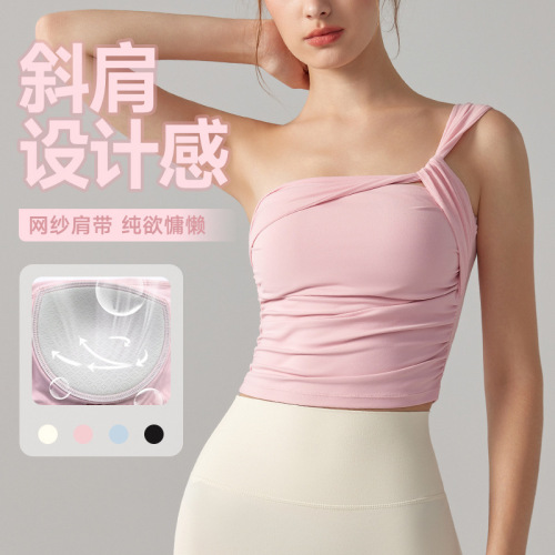 Pure lust style yoga vest for hot girls, sexy one-shoulder tube top, versatile slim fit fixed cup fitness sports bra
