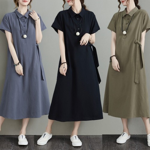 Cross-border new style Japanese solid color cotton and linen lapel short-sleeved loose pocket women's casual dress