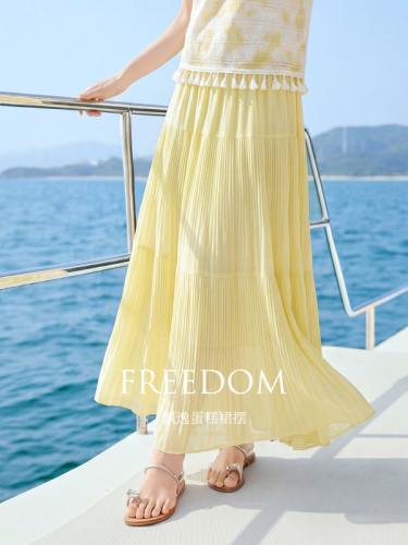 Xi world wave fun wind and snow spinning skirt women's summer thin seaside vacation pleated medium long dress a-line cake dress