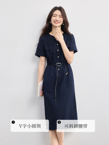 Xi world old money style college blue linen dress women summer high-end commuting belt short-sleeved shirt dress