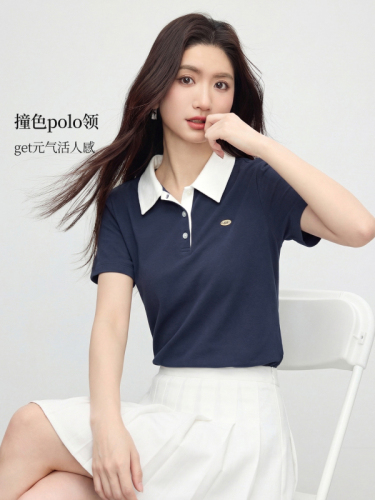 Xi World polo shirt, T-shirt, short-sleeved, women's summer 2026 new all-matching, slimming and contrasting lapel shoulder top