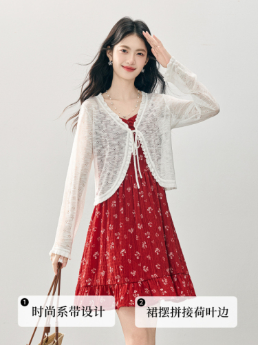 Xi World Dopamine Summer Set Women's Thin Knitted Sun-Protection Cardigan Red Floral Suspenter Dress Two-piece Set