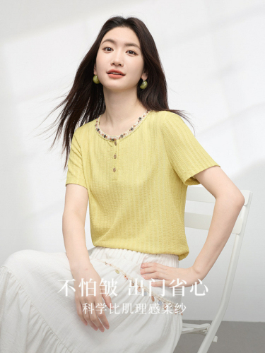 Xi World holiday style, webbing round collar T-shirt, women's short sleeves, summer new style, all-matching, straight shoulder and texture top