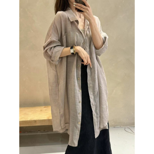 Lazy style shirt, sun protection retro robe, atmospheric wear, light, breathable, loose casual long shirt jacket