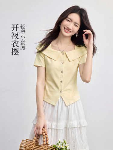 Xi world gold style design square collar T-shirt women's summer short-sleeved fashionable unique and beautiful slim-fitting short shirt