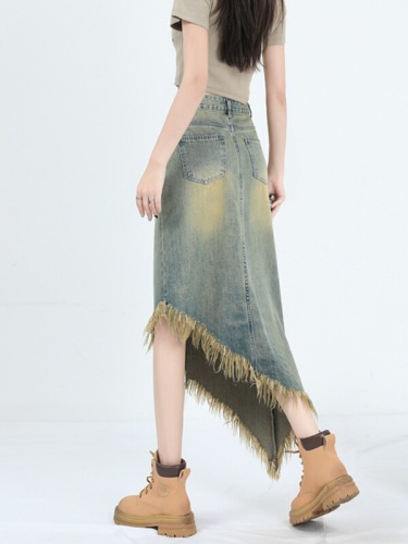 Retro high-waisted A-line denim skirt skirt for women summer irregular design long skirt for small people tassel skirt