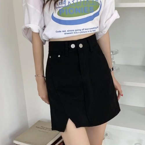 High-waist denim short skirt for women spring and autumn new style a-line skirt slim and versatile large size black hip-covering slit skirt