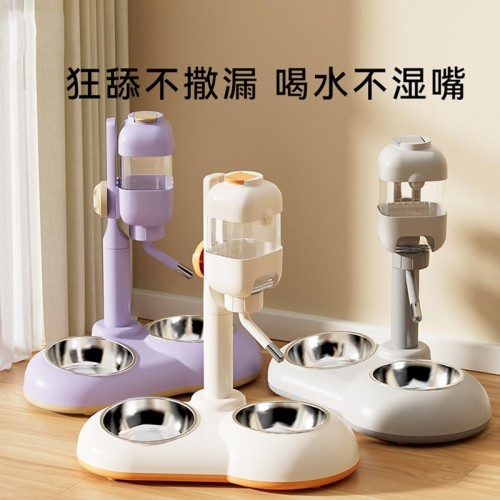 Cross-border vertical dog automatic water fountain pet adjustable feeding pet stainless steel anti-knock double bowl cat bowl
