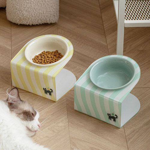 Ceramic pet cat bowl, dog bowl, cervical vertebra protection, anti-overturn drinking bowl, grain basin, tall acrylic frame, inclined mouth bowl