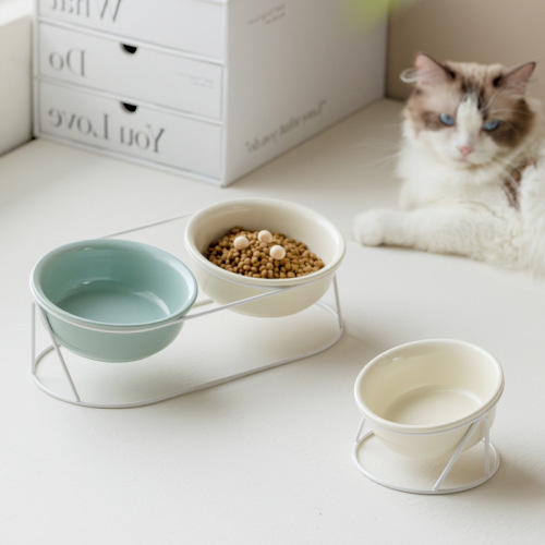 Ceramic oblique mouth pet double bowl cervical vertebra cat bowl cat food bowl with high feet to prevent overturning large capacity drinking water bowl and food bowl