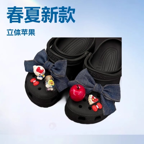 Three-dimensional apple shoe buckle denim bow shoe flower drift bottle cross-border clog shoe accessories 2026 spring and summer new style