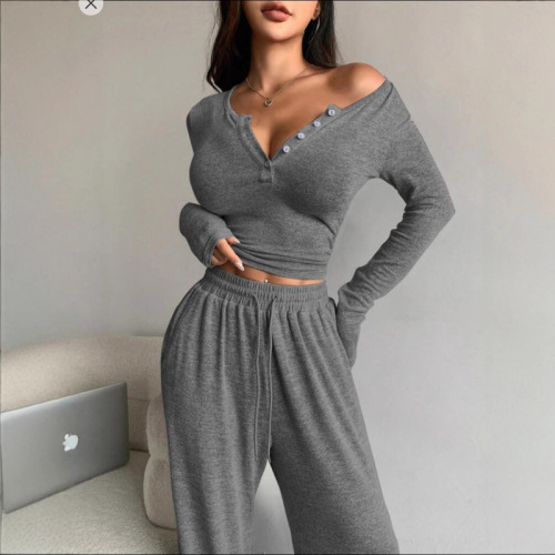 New spring and autumn short style slim v-neck buttoned long-sleeved T-shirt bottoming shirt wide-leg pants trousers suit Europe and America