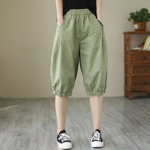 Loose plus size summer thin casual loose plus size shorts women's high waist five-quarter pants wide leg elastic waist harem pants