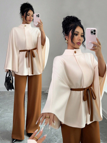 European and American style 2026 new women's clothing, versatile stand-up collar, bell sleeves, waist tie, short woolen jacket