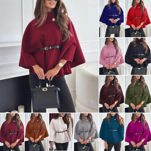 European and American clothing, winter fashion, elegant solid color waist strap woolen cape coat