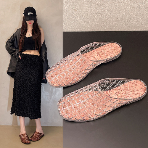 Mesh shoes niche half-slip sandals Korea's new transparent casual women's shoes one-leg plastic slippers hollow sandals