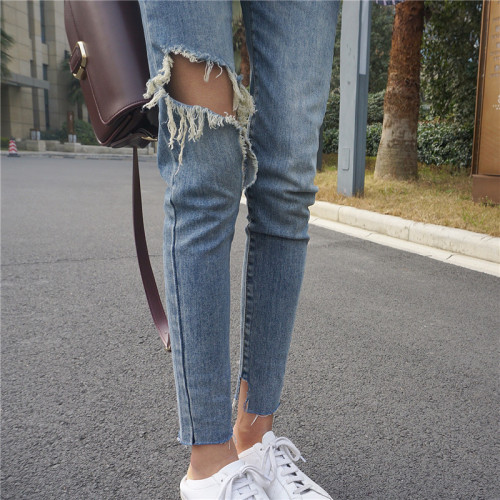 Real shot tear knee big hole jeans women's leg gap versatile small leg quarter pants fashion real price