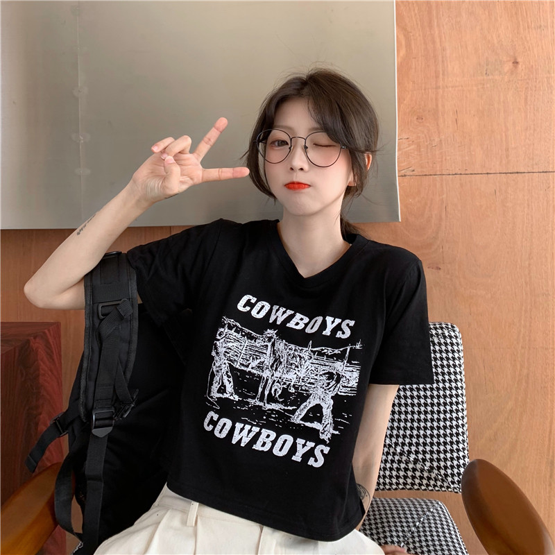 Hong Kong style retro printed short T-shirt women's loose short sleeve summer dress Korean fashion design girl's top