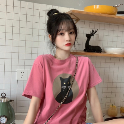 Summer Korean new loose BF style cat print fashion versatile student short sleeve T-shirt