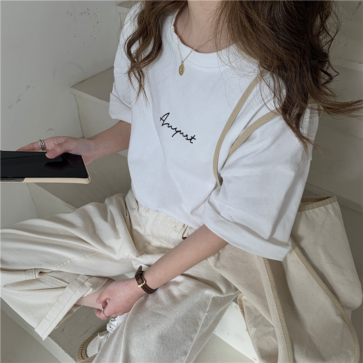 Korean new letter printing loose medium length BF white short sleeve T-shirt