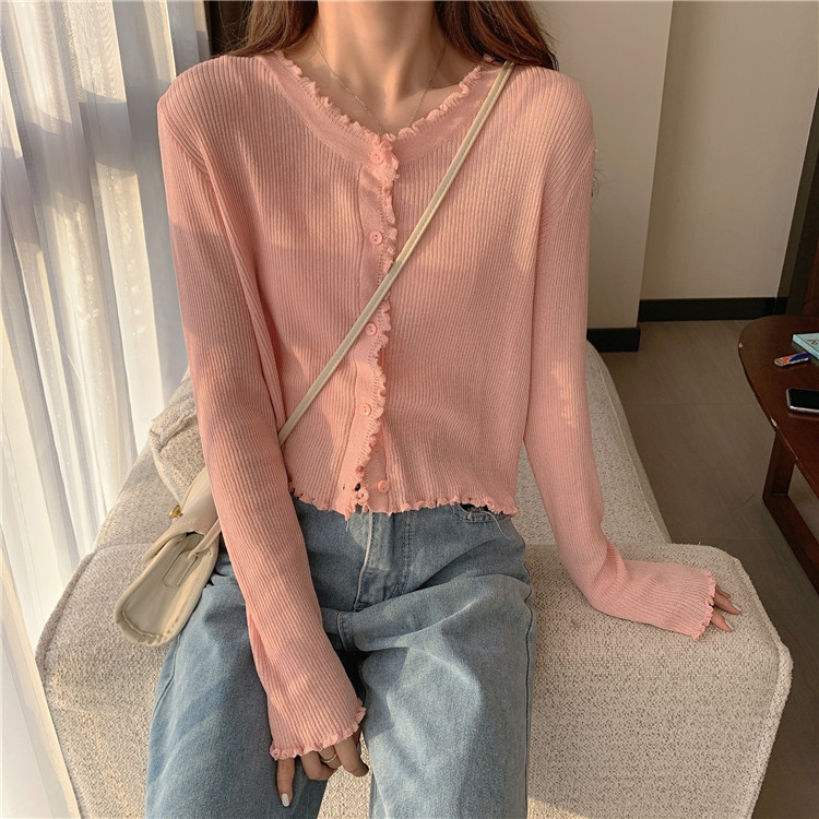 Soft waxy thin knitted cardigan women's spring and autumn new chic sweet versatile age reducing short style long sleeve base sunscreen shirt