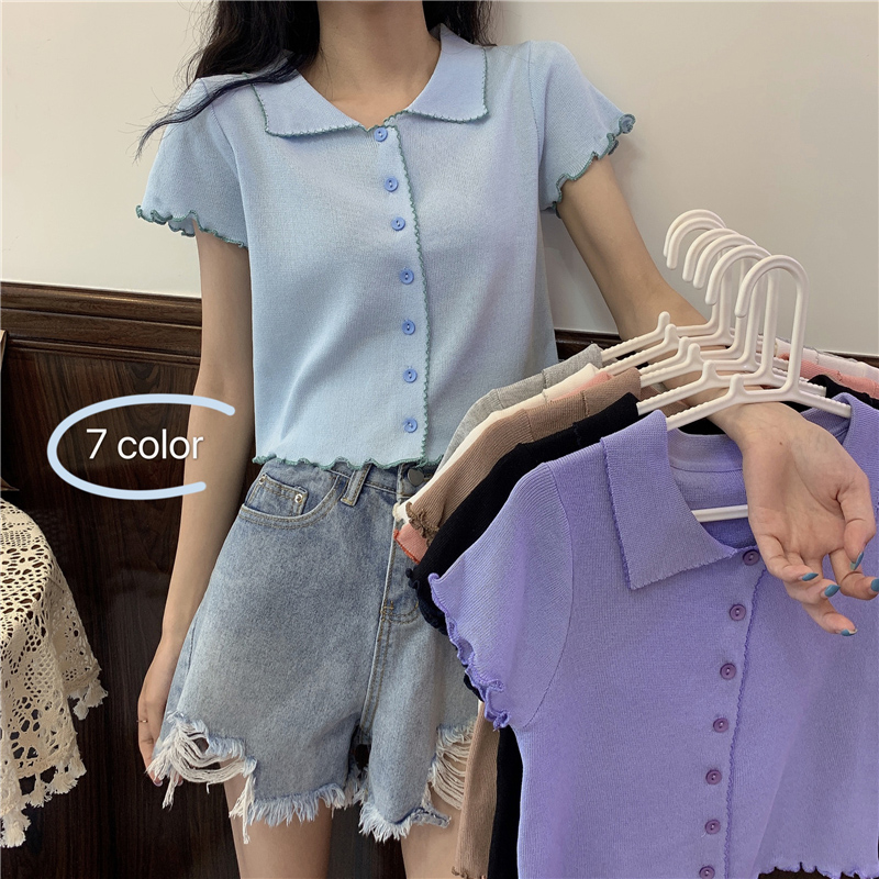 Cardigan thin women's summer new retro simple ear edge Short Knitwear Korean slim short sleeve top women