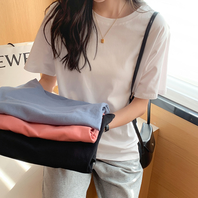 2021 summer solid color loose half sleeve T-shirt women's commuting fat mm thin short sleeve T-shirt