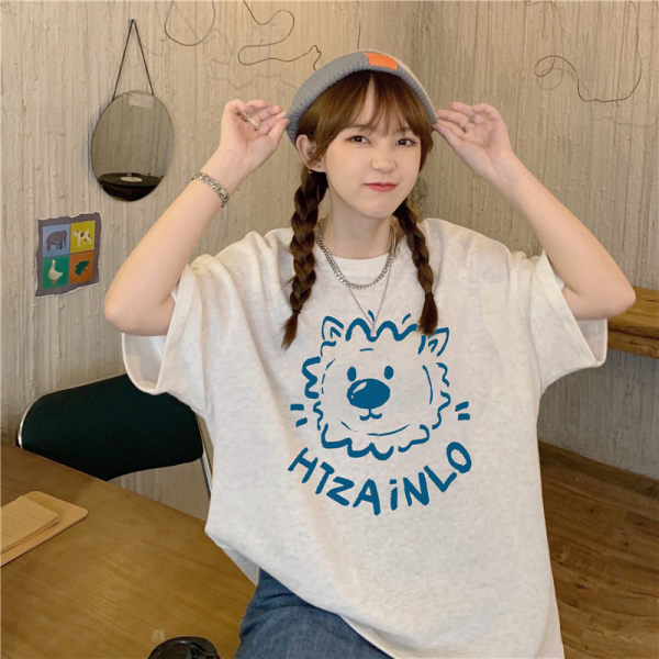 Bear short sleeve T-shirt women's summer 2021 new Harajuku style design small loose half sleeve top